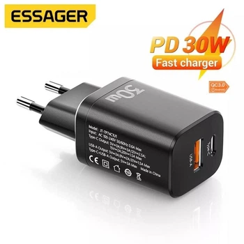 Мережевий зарядний пристрій Essager Quick Charger Type-C+USB 30 W Black