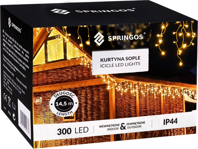 Kurtyna świetlna Springos CL0305 Sople 300 LED z pilotem Ciepła biała (5907719412702)