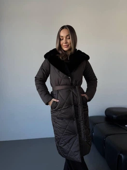 Жіноче зимове стьобане пальто з капюшоном штучною норкою K&ML S (42-44) Коричневий ( 45.1 - 02)
