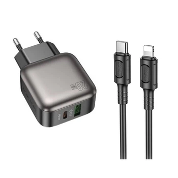 Мережевий зарядний пристрій з кабелем BOROFONE BAS54A Absolute PD20W+QC3.0 charger set (C to iP) (EU) Black (6941991116216)