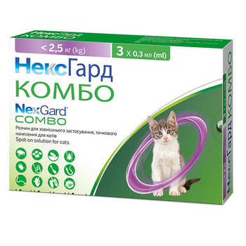 Краплі NexGard Combo від бліх, кліщів, гельмінтів для котів 0,8-2.5кг, 1 піпетка