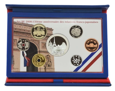 Набор монет Япония набор из 7 монет 2008 Proof 150 лет отношений между Японией и Францией 1 - 500 йен, 1,5 евро (серебро)