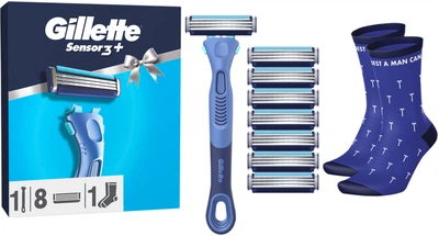 Подарунковий набір для чоловіків Gillette Станок для гоління чоловічий Sensor3 + Comfort з 8 змінними картриджами + Шкарпетки (8006530050715)