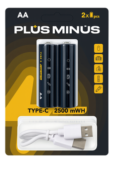 Аккумуляторные батарейки AA PLUS MINUS 2500 mAh с зарядкой Type-C + кабель (2 шт.)