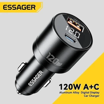 Быстрое автомобильное зарядное устройство 120W Essager ECCPQ-FT01-Z два порта USB+Type-C с цифровым дисплеем для ноутбуков, планшетов, смартфонов Apple iPhone, iPad, MacBook, Huawei Honor, Xiaomi, Samsung, OPPO