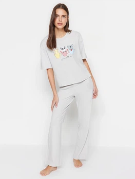 Піжама (футболка + штани) жіноча бавовняна Trendyol THMSS23PT00134 XS Light Gray (8683048499726)