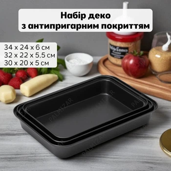 Набор из 3 деко с антипригарным покрытием, размеры 34х24х6 / 32х22х5,5 / 30х20х5 см, прямоугольной формы, черного цвета