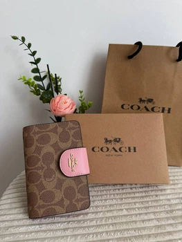 Гаманець Coach Snap Wallet In Signature Canvas рожевий бежевий натуральна шкіра + подарункове пакування