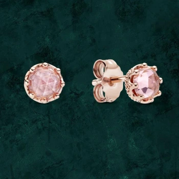 Серебряные сережки с короной и розовым камнем Pandora (Пандора) 288311c01 с покрытием 14к золотом
