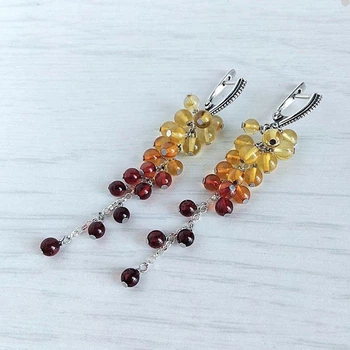 Сережки Hand Made длинные с бусинами натурального янтаря