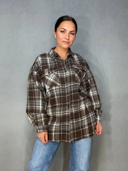 Рубашка женская YZY 223 клетчатая оверсайз теплая байка one size коричнева