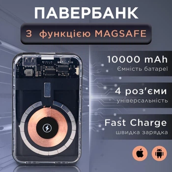 Павербанк універсальний з магнітною бездротовою зарядкою MAGSAFE Li-Pol 10000 мАг для телефона та інших пристроїв Power bank Smart X зі швидкою зарядкою Fast Charge та 3 вбудованими кабелями (Lightning, USB-C, USB-A) 10000 mAh Чорний