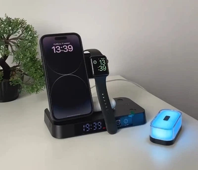 Беспроводная зарядка для Apple Watch iPhone Airpods 30w 5 в 1 Док-станция с часами и ночником