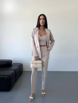 Женский костюм (пиджак + топ + штаны) Fashion 9ANN_1680Beige M Бежевый (2000000955971)