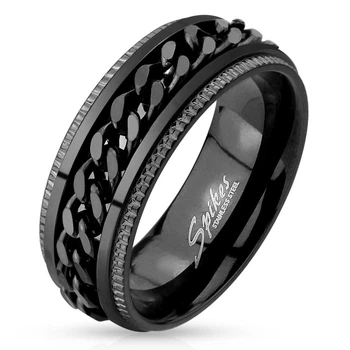 Черное кольцо-антистресс из стали c крутящейся цепью Spikes R-M4397-8-09 спиннер (Размер 9 (наш 19))