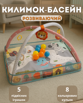 Детский коврик развивающий коврик для младенца Kinderkit термоковрик для новорожденного ребенка с дугами погремушками игрушками и шариками на пол с бортиками для ползания девочки и мальчика 22A