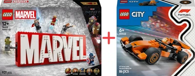 Набір конструкторів LEGO Super Heroes Логотип і мініфігурки Marvel 931 деталь + City Пілот F1 з гоночним автомобілем команди McLaren 86 деталей (76313_60442)
