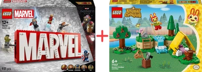 Набір конструкторів LEGO Super Heroes Логотип і мініфігурки Marvel 931 деталь + Animal Crossing Активний відпочинок Bunnie 164 деталі (76313_77047)