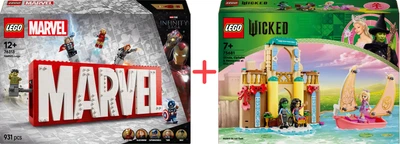 Набір конструкторів LEGO Super Heroes Логотип і мініфігурки Marvel 931 деталь + Wicked Глінда, Ельфаба і Несароза в Університеті Шиз 304 деталі (76313_75681)