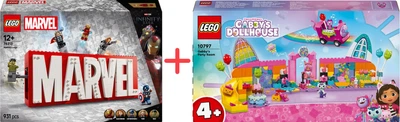 Набір конструкторів LEGO Super Heroes Логотип і мініфігурки Marvel 931 деталь + Gabby's Dollhouse Святкова кімната Габбі 252 деталі (76313_10797)