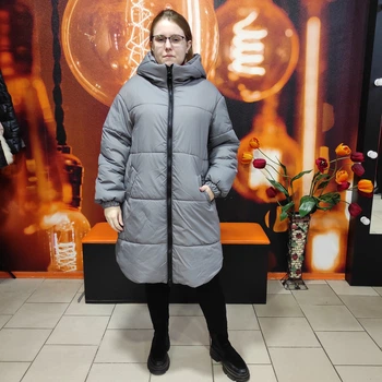 Пальто женское зимнее куртка с капюшоном тёплая L графит