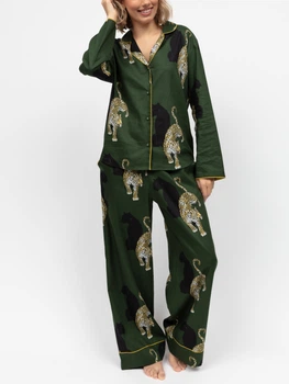 Преміальна жіноча піжама Cyberjammies Olive 5000-5001 подарункова сатинова комфортна фемелі лук 3XL Оливковий з леопардовим принтом (5051877599321)