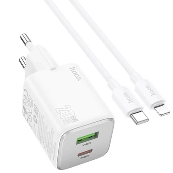 Сетевое зарядное устройство Hoco N41, USB, Type-C, 20W, 3А, PD, QC, white, кабель Type-C to Lightning