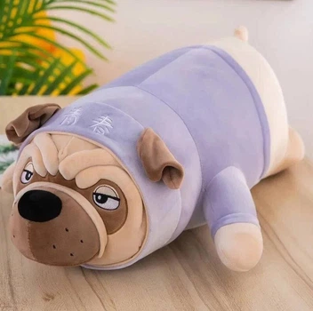 Мягкая плюшевая игрушка собачка мопс 90 см в костюме, голубой