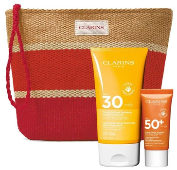 Zestaw kosmetyków do ochrony przeciwsłonecznej Clarins Sun Krem do ciała Spf 30 150 ml + Krem do twarzy Sun Discovery Spf 50+ 30 ml + Torebka kosmetyczna (3666057401480)