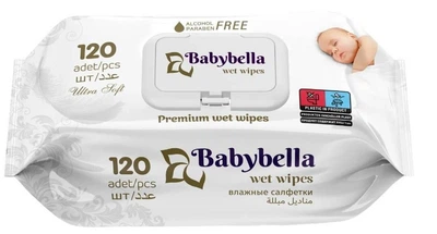 Влажные детские салфетки без запаха Babybella с клапаном, 120 шт