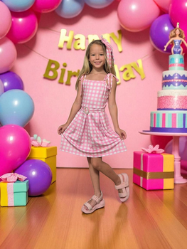 Платье для девочки в клетку Гингем в стиле Barbie (Барби) с поясом 110 см розовое