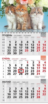 Календар 2026 офісний 3. Тріо котиків та букет квітів