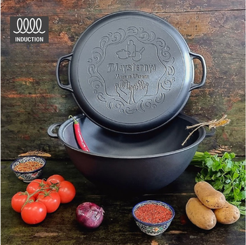 Казан чугунный WOK Maysternya 15 л с чугунной крышкой-сковородой для плова