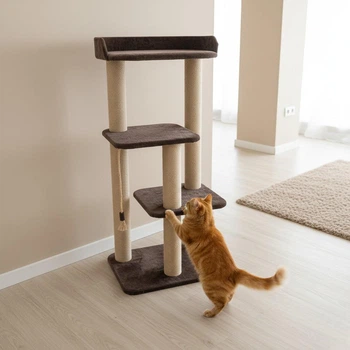 Котяча кігтеточка з мякою лежанкою та поличками для котів 120х60х45см коричнево бежева