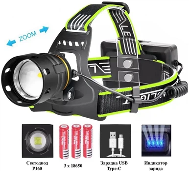 Супер мощный фонарь налобный Police BL-A14-3-P160, power bank, 3x18650, zoom, ЗУ Type-C, Box