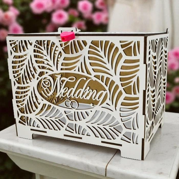 Деревянная Белая Коробка на Свадьбу 23х18х16 см Свадебная Казна "Wedding + ЗАМОЧОК" Коробочка для Денег и Конвертов Сундук Копилка