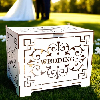Дерев'яна Біла Коробка на Весілля 29х22х20 см Весільна Скарбниця "Wedding Веддінг" Коробочка для Грошей та Конвертів Скриня Скарбничка