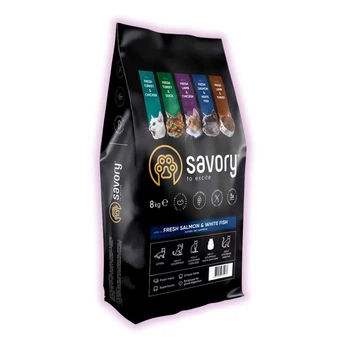 Сухий корм для котів Savory зі свіжим лососем і білою рибою для довгошерстих котів 8 кг