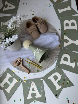 Набір для святкування першого Дня народження Ковпак та Гірлянда Happy Birthday хакі HeyBaby
