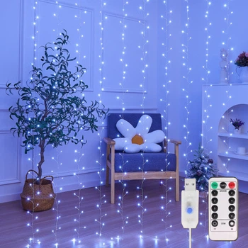 Гирлянда штора 3х2 м Феерверк (хвойная лапа) 600 LED от USB новогодняя светодиодная 8 режимов (холодный белый цвет)