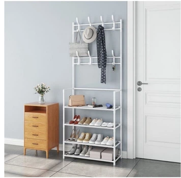 Вешалка напольная стойка для одежды с подставкой для обуви New multi functional shoe and hat rack белая