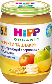 Пюре HiPP Фруктовое ассорти с зерновыми хлопьями «Фрукты и злаки» с 6 месяцев 190 г (9062300132332_1/9062300137788)