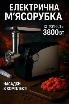 Професійна електрична м'ясорубка Rainberg RB-673A 3800W з соковижималкою, реверсом, насадками