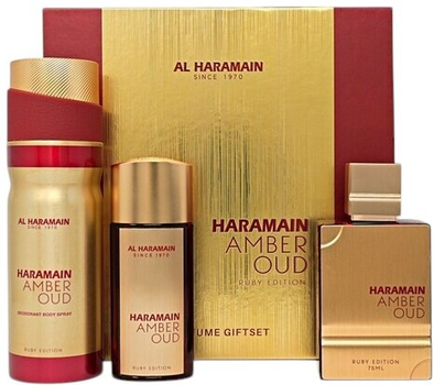Набір унісекс Al Haramain Парфуми Amber Oud Ruby Edition 75 мл + Парфуми Amber Oud Ruby Edition 30 мл + Дезодорант-спрей 200 мл (6291106814323)