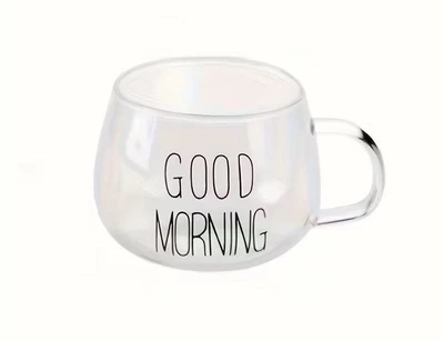 Стеклянная чашка Avtoaks с двойными стенками и надписью "Good Morning" ручная работа 450 мл