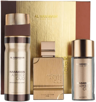 Набір унісекс Al Haramain Парфуми Amber Oud Gold Edition 75 мл + Парфуми Amber Oud Gold Edition 30 мл + Дезодорант-спрей 200 мл (6291106813333)