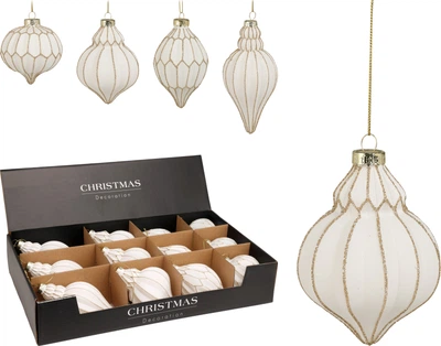 Набор елочных украшений Christmas Decoration 7.8 х 8 см, 6.8 х 11 см, 8 х 11 см, 7 х 15 см. 12 шт. Матовый Белый с золотым узором (ABR706080)