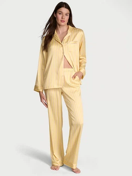 Пижама сатиновая Victoria's Secret Glazed Satin Long Pajama Set, Yellow Tulip Iconic Stripe, S