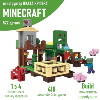Конструктор minecraft Шахта Крипера майнкрафт +3 фигурки+набор оружия 410 деталей в подарочной коробке