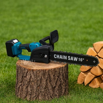 Пила цепная 16 дюймов с 2 аккумуляторами 48V в кейсе Chain Saw, беспроводная аккумуляторная садовая электропила с масляным баком для обрезки и распиловки дров, веток и деревьев Синяя, CHS-16-Blue